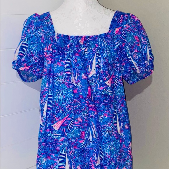 Lilly Pulitzer Blue & Pink Sailboat Smocked Peasant Top - Picture 2 of 4